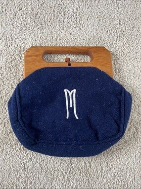 Vintage Navy Wool Clutch Bag with Monogram M and Wooden Handle